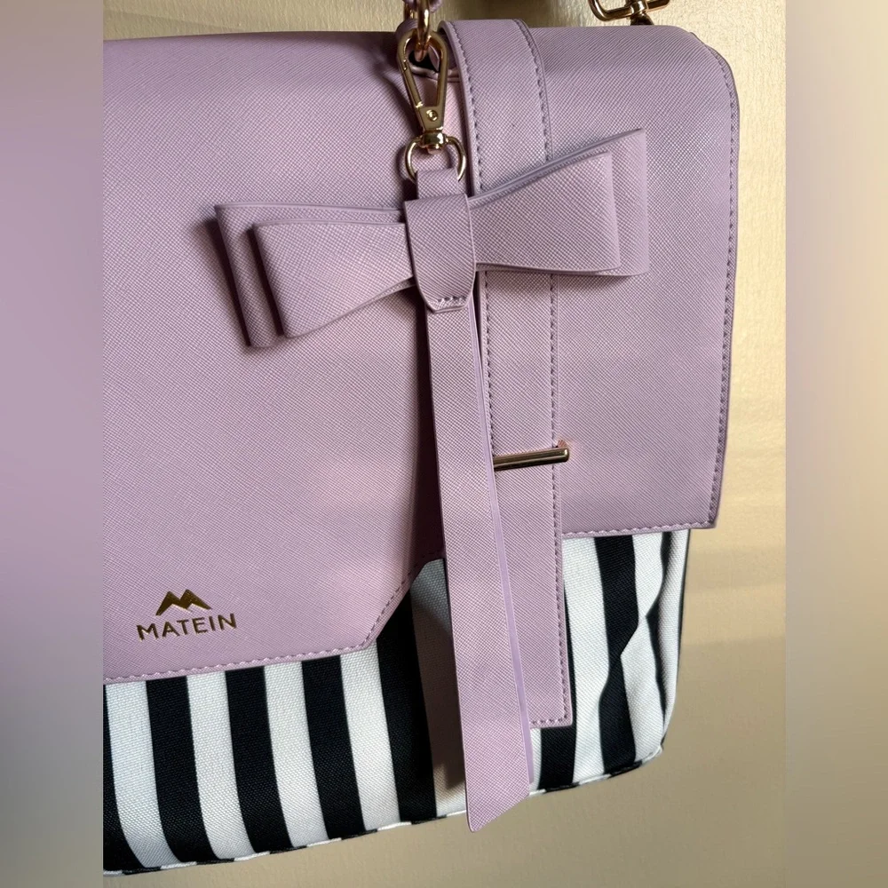 Matein Lavender Stripe Laptop Bag with Bow Accent